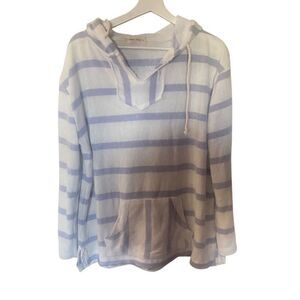 Ocean Drive Hoodie – Large, Blue and White Striped Pullover with Raw Hem
